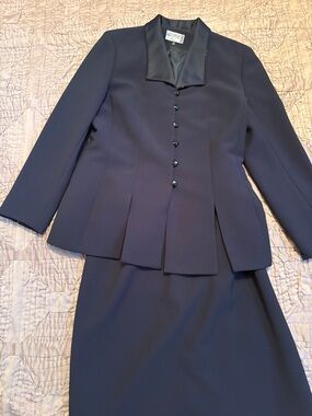 Kasper Navy Peplum Jacket and Skirt Set with Satin Trim